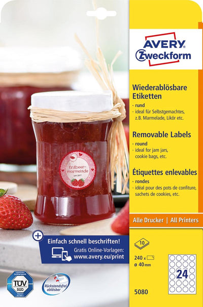 Avery Zweckform Avery-Zweckform 5080 Universaletiketten ø 40 mm Papier weiß 1 Satz(e) ablösbar Tintenstrahl, Laser (schwarz und weiß), geschweißt