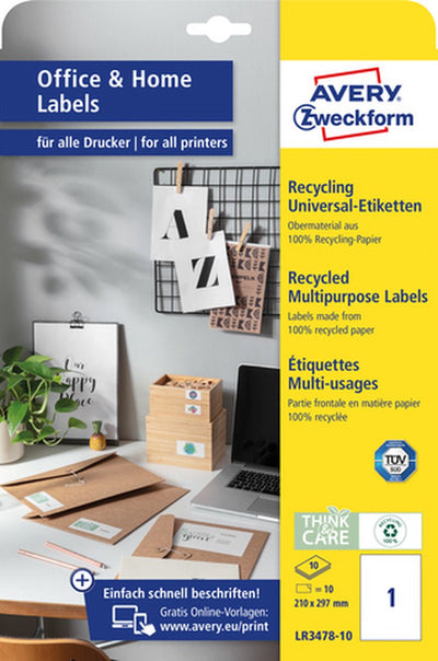 Avery Etiketten Zweckform 297 x 210 mm Recyclingpapier 100 Stück