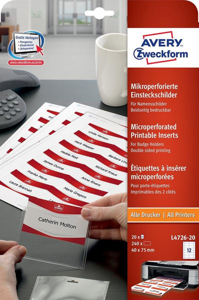 Avery-Einsteckkarte für Ausweise, 40 x 75 mm, 190 g/m², 20 Blatt