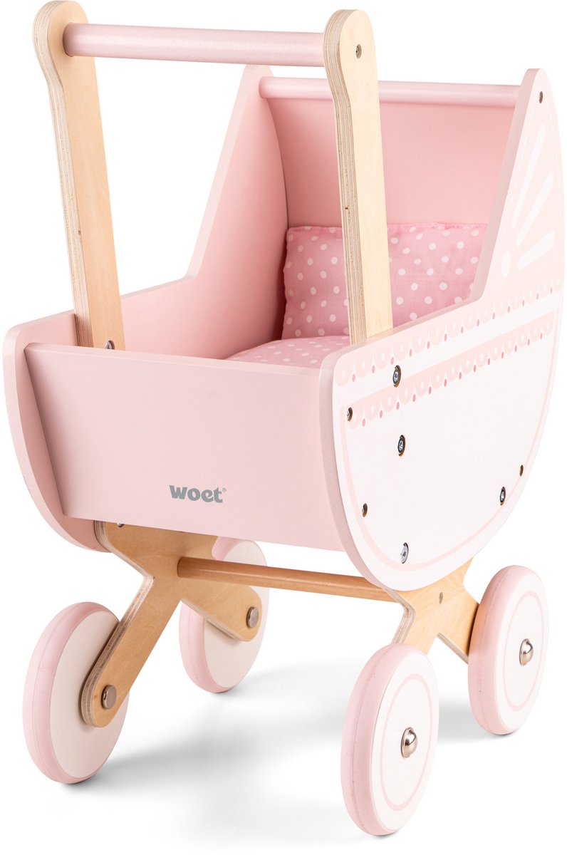 Woet® Puppenwagen aus Holz – inklusive Bettdecke – rosa Spielzeugwagen – Schiebehöhe 50 cm – Rollenspiel-Puppenzubehör – ab 3 Jahren