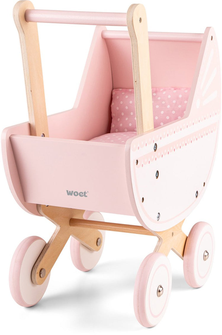 Woet® Puppenwagen aus Holz – inklusive Bettdecke – rosa Spielzeugwagen – Schiebehöhe 50 cm – Rollenspiel-Puppenzubehör – ab 3 Jahren