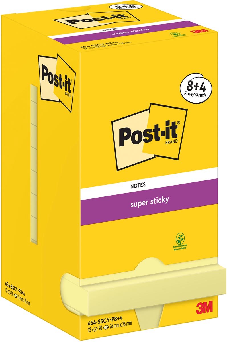 Super Haftnotizen Post-it 654-sscy-p8+4 76x76 mm einfarbig gelb