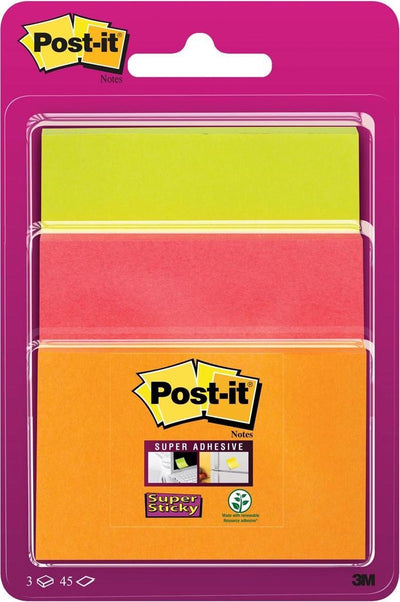 Post-it® Super-Haftnotizen, farbig, verschiedene Größen 1 Block: 47,6 mm x 76 mm 1 Block: 76 mm x 76 mm 1 Block: 76 mm x 101 mm, neonorange, neonpink, neongrün, 3 Blöcke
