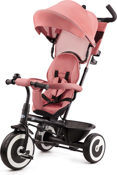 Kinderkraft Aston Dreirad – 9 Monate bis 5 Jahre – drehbarer Sitz – Freilauffunktion – klappbares Verdeck – rosa