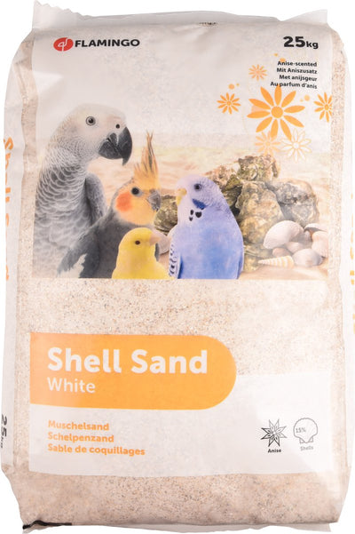 Flamingo-Vogelkäfig – Muschelsand Anis – weißer Muschelsand mit Anisduft – zerkleinerte Austernschalen – 25 kg – kalziumreich, hygienisch – europäische Qualität
