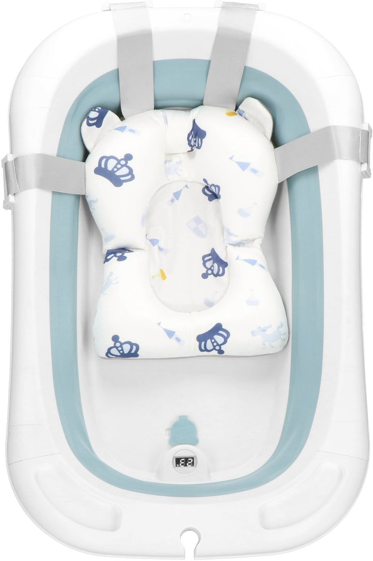 Springos faltbare Babybadewanne – faltbar – tragbar – mit Stopper – Thermometer – Kissen – bis 12 Monate – 35 l – blau – weiß – 82 x 52 x 22 cm