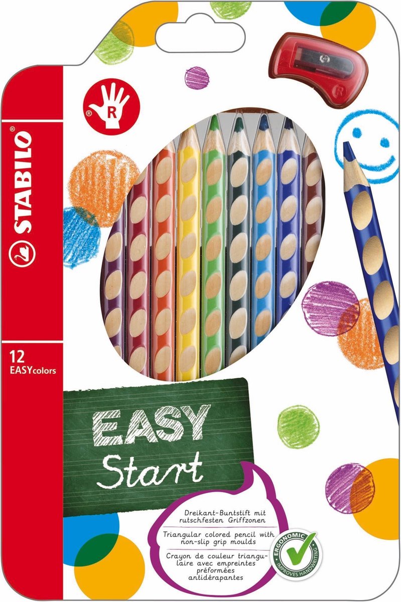 Stabilo EasyColors farbige Stifte rechts 12 Stcs. + Bleistiftschärfer
