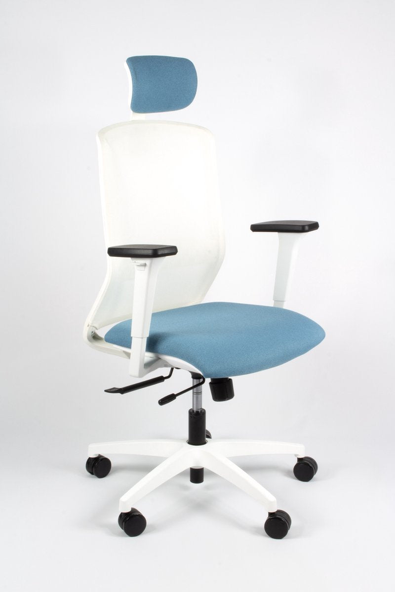 Linea Tekna White 01 PT – Bürostuhl – ergonomisch EN1335 – mit Kopfstütze – mehrfach verstellbar – Weiß Blau