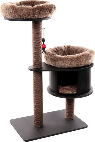 Flamingo-Kratzbaum – Raisa 1 braungrau – 79 x 45 x 119 cm – luxuriöser Kratzbaum mit entspannendem Korbunterstand – Kratzbaum mit Spielzeug aus Papierseil – für alle Katzenrassen
