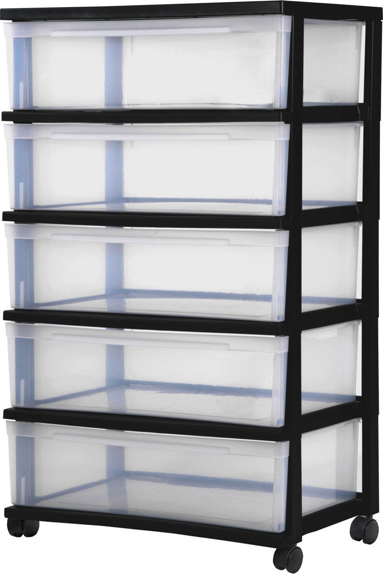 Iris neues breites Kommodenschubladensystem – 5 Schubladen x 30 l – Kunststoff – schwarz transparent – mit Rollen