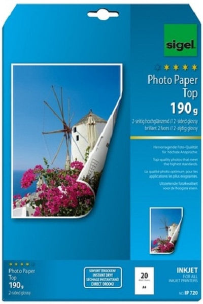 Sigel Inkjet-Fotopapier – Top – A4 – Hochglanz – doppelseitig – 190 Gramm – 20 Blatt – SI-IP720