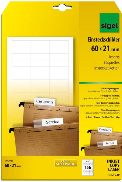 Sigel-Einstecketiketten – für Hängeregister – 4 x 156 Stück – 60 x 21 mm – si-lp-720