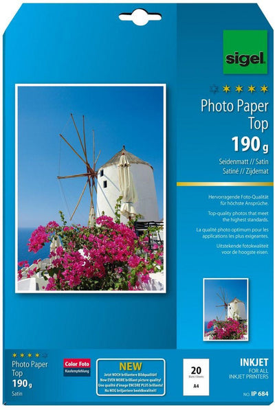 Sigel Inkjet-Fotopapier – oben – A4 – seidenmatt – einseitig – 190 Gramm – 20 Blatt – SI-IP684