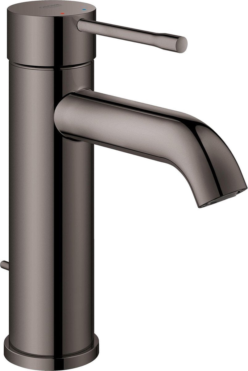 Grohe Essence New Waschtischarmatur – niedriger Auslauf – mit Zugstangen-Ablaufgarnitur – Hartgraphit (Anthrazit glänzend) – 23589a01