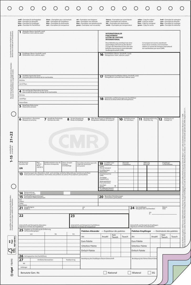 CMR-Frachtbrief Sigel 50 Blatt perforiert