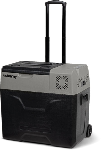 Steamy-e Einzonen-Kühlbox mit elektrischem Kompressor auf Rädern – 47 Liter – 12 V und 230 V – für Auto und Camping – Grau