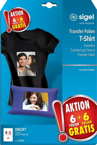 Sigel Inkjet-Transferfolie – A4 – blanko – 6 Blatt + 6 Blatt gratis – für dunkle Bekleidungstextilien – SI-T1157