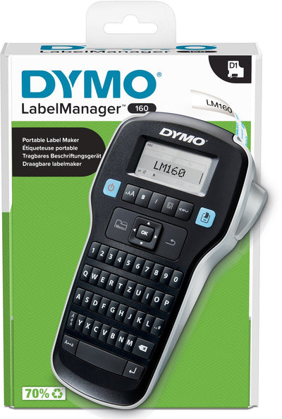 Dymo Label Manager 160 Etikettendrucker | tragbarer Etikettendrucker mit QWERTZ-Tastatur | inklusive schwarz-weißem D1-Beschriftungsband (12 mm) | für Zuhause und Büro