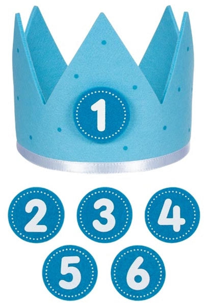 Goki Geburtstagskrone blau L59,5cm, mit austauschbaren Zahlen 1-6, Filz, 1+