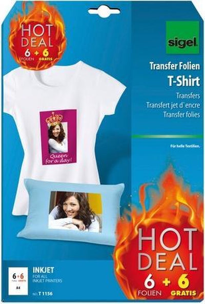 Sigel Inkjet-Transferfolie – A4 – blanko – 6 Blatt + 6 Blatt gratis – für leichte Bekleidungstextilien – SI-T1156