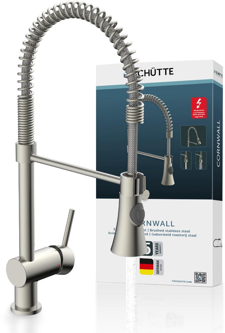 Schütte Schütte Eenknops -Mixer mit Spiralfeder Cornwall niedriger Druck aus Edelstahl Look