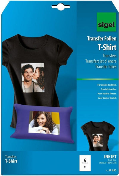 Sigel Inkjet-Transferfolie – A4 – blanko – 6 Blatt – für dunkle Bekleidungstextilien – SI-IP653