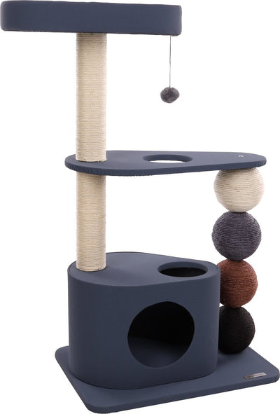 Flamingo-Kratzbaum – Horacio-Blau – 76 x 44 x 107,5 cm – stabiler Kratzbaum mit gepolstertem Bettunterstand – Katzenmöbel mit Sisal-Kratzseil-Spielzeug – luxuriöser Kratzbaum für alle Rassen