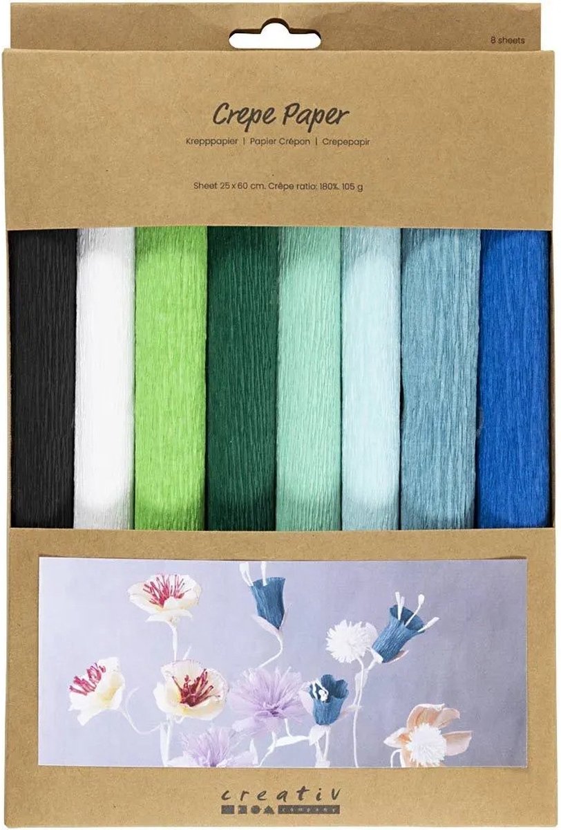Creativ Company Krepppapier, Blatt 25 x 60 cm, Kreppverhältnis: 180 %, 105 g, blau-grüne Harmonie, 8 Blatt 1 Karton