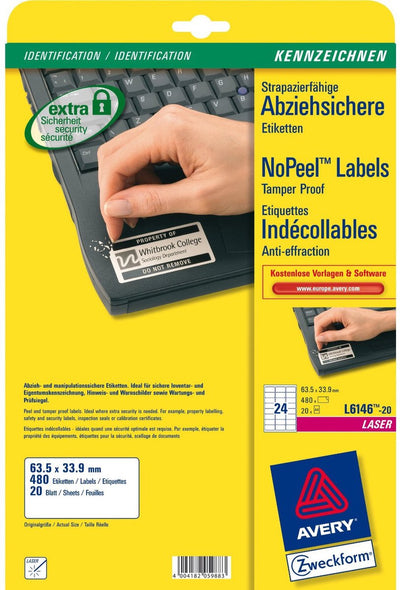 Avery Laseretikett 63 – 5 x 33 – 9 mm, weiß, 20 Blatt, 24 Etiketten pro Blatt