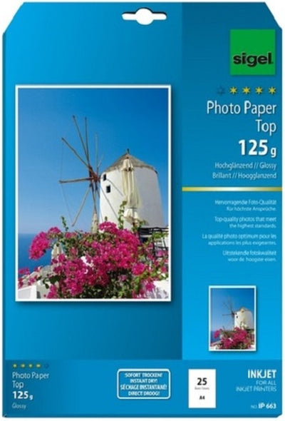 Sigel Inkjet-Fotopapier – Top – A4 – Hochglanz – doppelseitig – 125 Gramm – 25 Blatt – SI-IP663