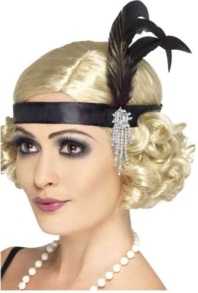 Smiffys Stirnband schwarz mit Federn | Schwarzes Satin-Charleston-Stirnband