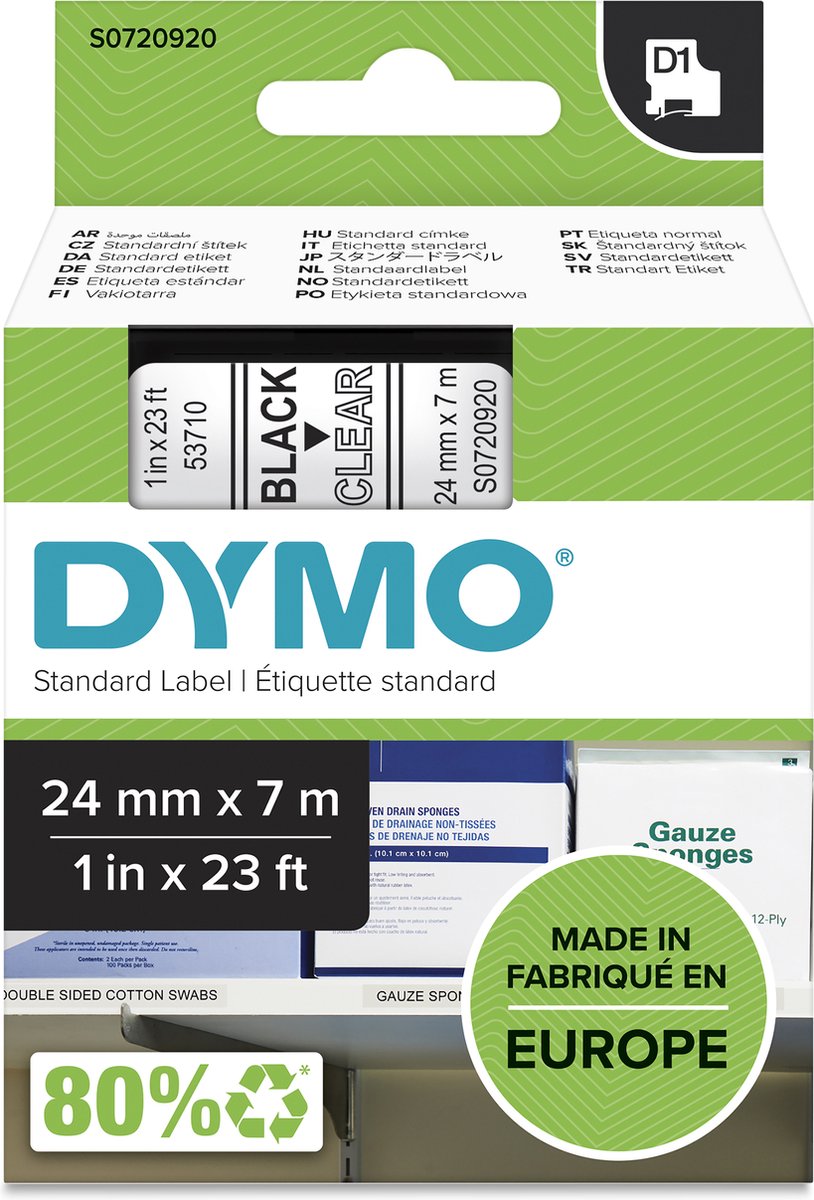 Original Dymo d1-Etiketten | schwarzer Text auf transparentem Etikett | 24mm x 7m | selbstklebende Etiketten für den Etikettendrucker Label Manager | Hergestellt in Europa