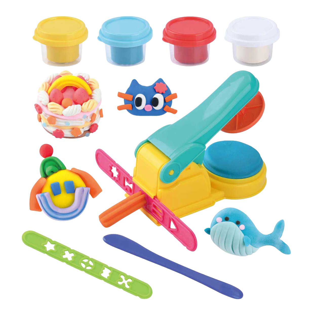 Playgo-Pressmaschinen-Ton-Set – 4 Tontöpfe