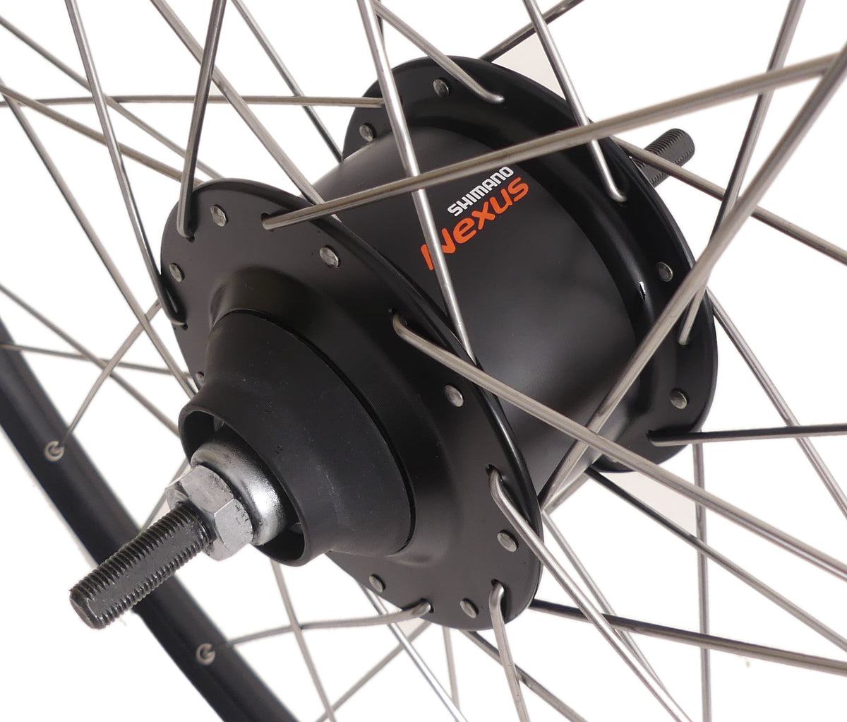 Hinterrad 28 Nexus 8 Rollerbrake -Hub mit schwarzen Rand und Edelstahl -Speichen