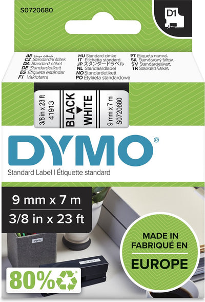 Original Dymo d1-Etiketten | schwarzer Text auf weißem Etikett | 9mm x 7m | selbstklebende Etiketten für den Etikettendrucker Label Manager | Hergestellt in Europa