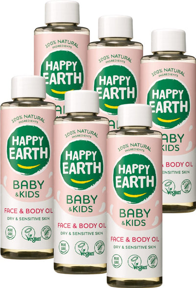 Happy Earth Bundle Gesichts- und Körperöl Baby Kids – 100 % natürlich – frei von Mikroplastik – Babypflege – mit pflanzlichem Hautweichmacher – geeignet für Neugeborene – 6 x 150 ml – Vorteilspack