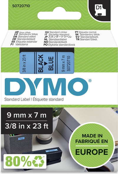 Original Dymo d1-Etiketten | black text on blue label | 9mm x 7m | selbstklebende Etiketten für den Etikettendrucker Label Manager | Hergestellt in Europa