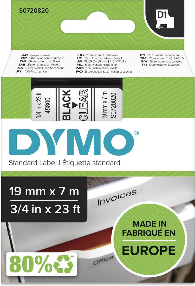 Original Dymo d1-Etiketten | schwarzer Text auf transparentem Etikett | 19mm x 7m | selbstklebende Etiketten für den Etikettendrucker Label Manager | Hergestellt in Europa
