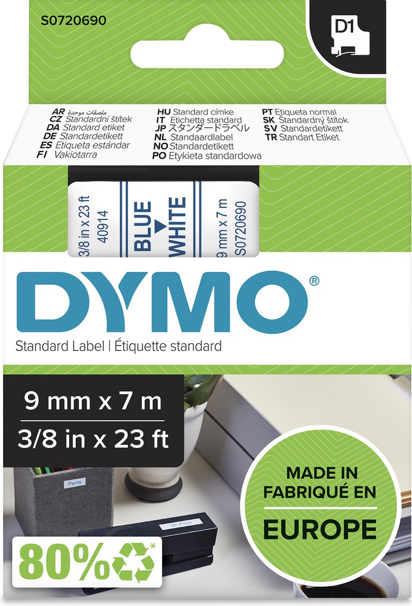 Original Dymo d1-Etiketten | blauer Text auf weißem Etikett | 9mm x 7m | selbstklebende Etiketten für den Etikettendrucker Label Manager | Hergestellt in Europa