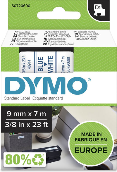 Original Dymo d1-Etiketten | blauer Text auf weißem Etikett | 9mm x 7m | selbstklebende Etiketten für den Etikettendrucker Label Manager | Hergestellt in Europa