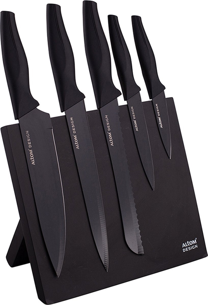 Altom Design schwarzer magnetischer Messerblock mit 5 schwarzen Messern – ergonomische Griffe – schönes Design – modern und elegant – mit 5 schwarzen Messern