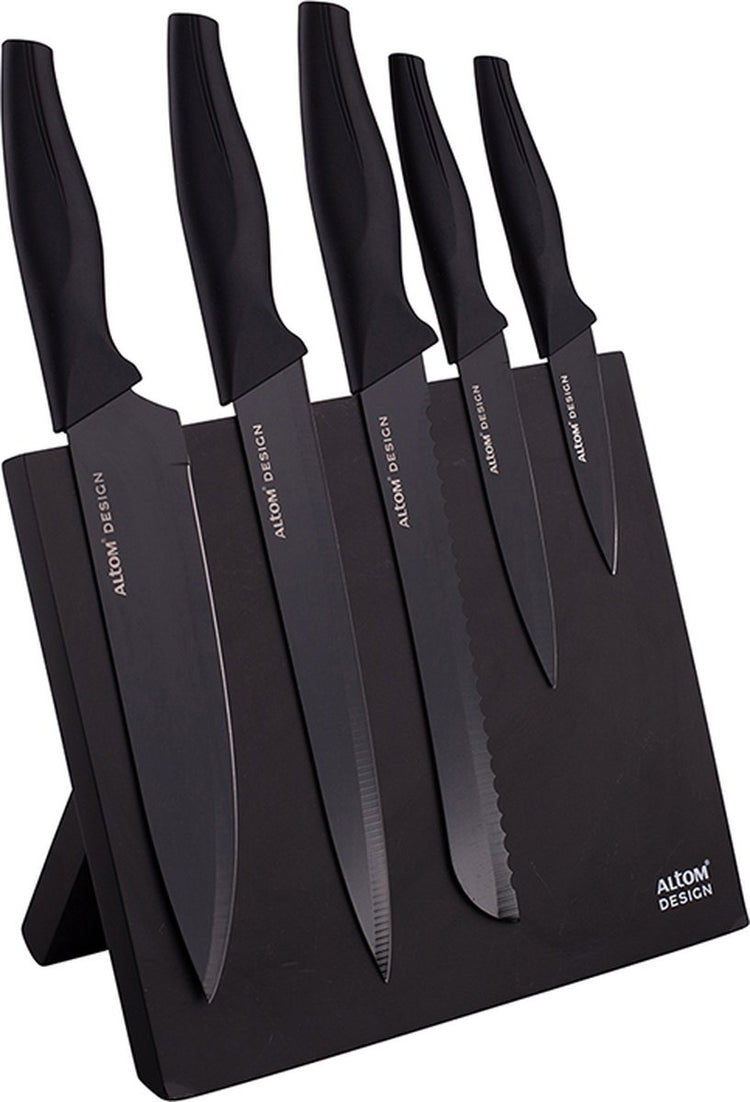 Altom Design schwarzer magnetischer Messerblock mit 5 schwarzen Messern – ergonomische Griffe – schönes Design – modern und elegant – mit 5 schwarzen Messern