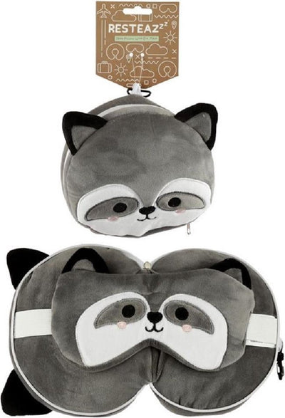 Relaxazzz pluche Waschbär um Reisekissen Schlafmaske