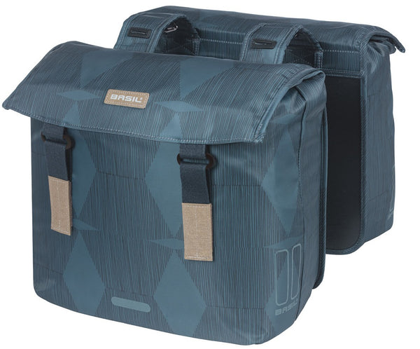 Basil Eleganz Doppelfahrradbeutel, blau, recyceltes Haustier, Futtermittel, Wasserstockverschluss, Universal Bridge, 40-49L