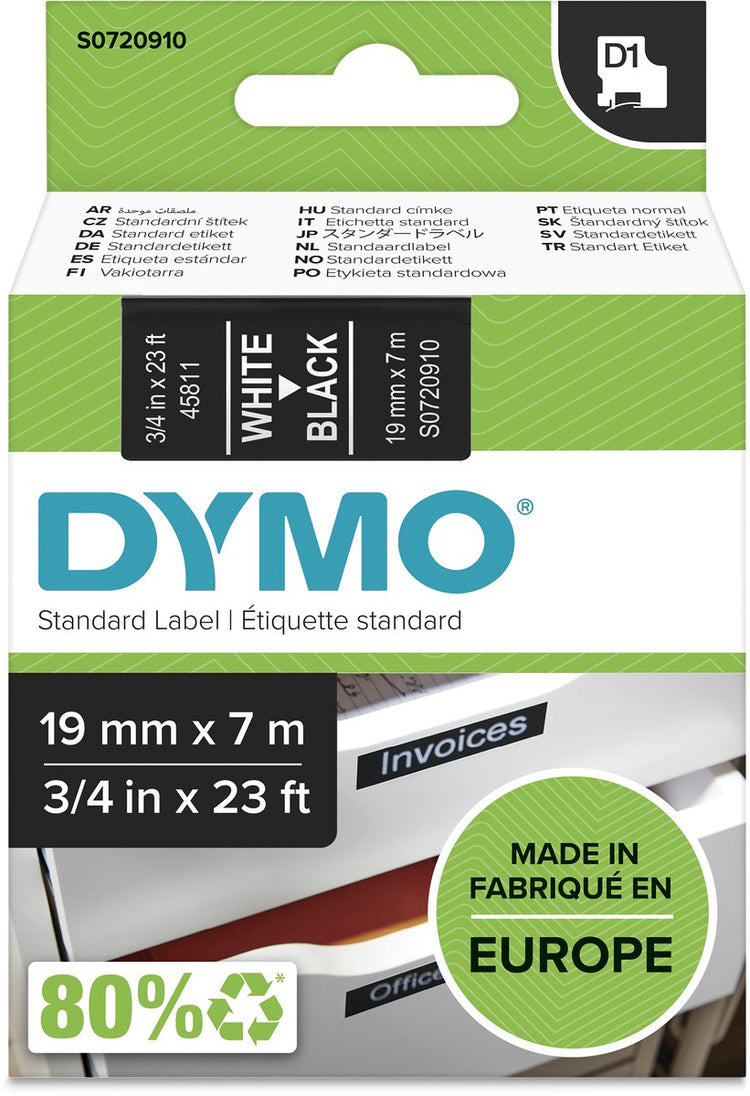 Original Dymo d1-Etiketten | weißer Text auf schwarzem Etikett | 19mm x 7m | selbstklebende Etiketten für den Etikettendrucker Label Manager