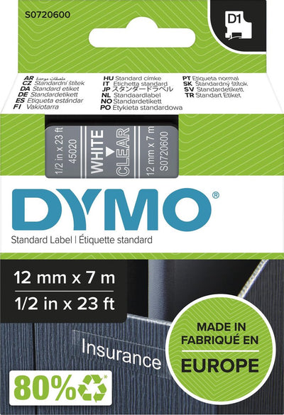 Original Dymo d1-Etiketten | weißer Text auf transparentem Etikett | 12mm x 7m | selbstklebende Etiketten für den Etikettendrucker Label Manager | Hergestellt in Europa