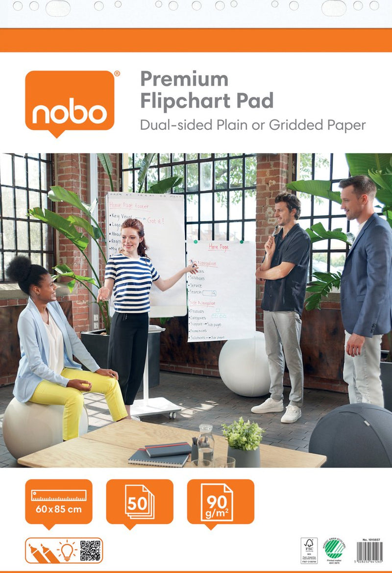 Nobo Premium-Flipchart-Papier auf Rolle – 50 Blatt doppelseitiges Blanko- oder Karopapier – 60 x 85 cm – 90 Gramm