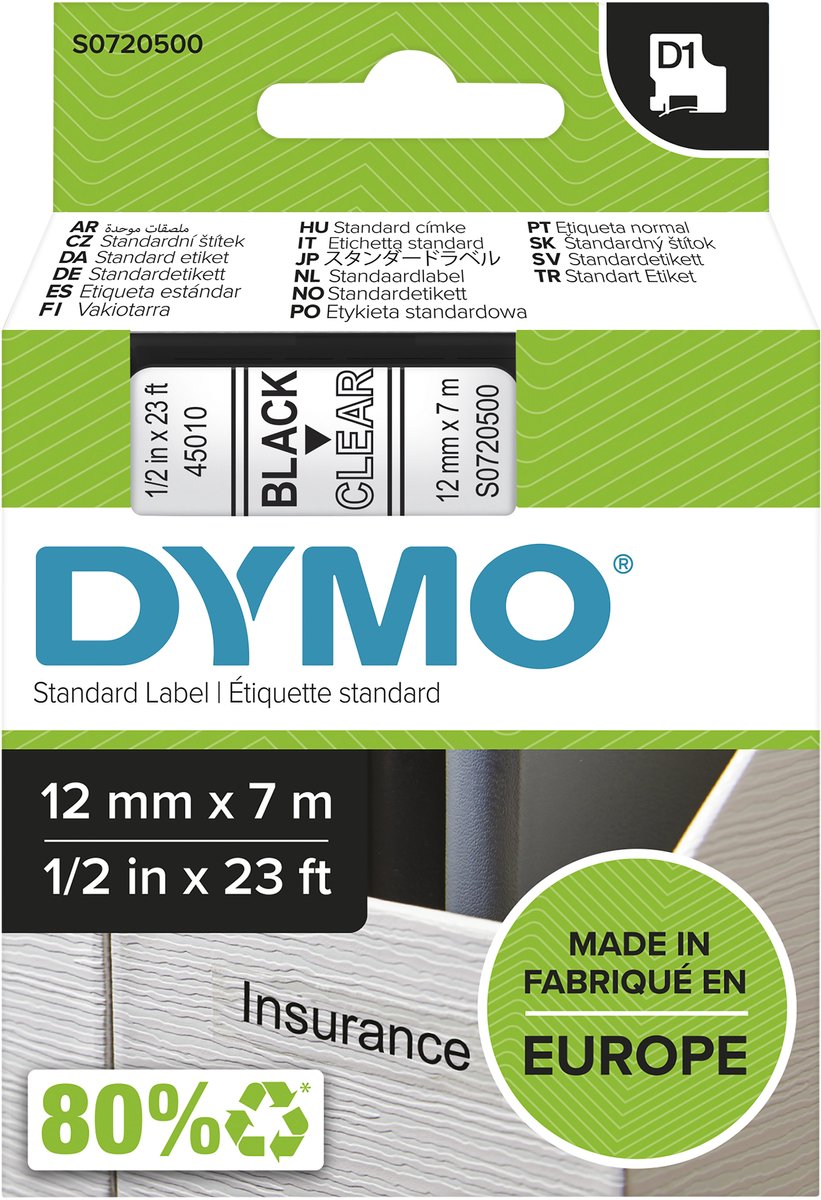 Dymo d1 - Tonbandkassette - 12 mm x 7 m - schwarz transparent