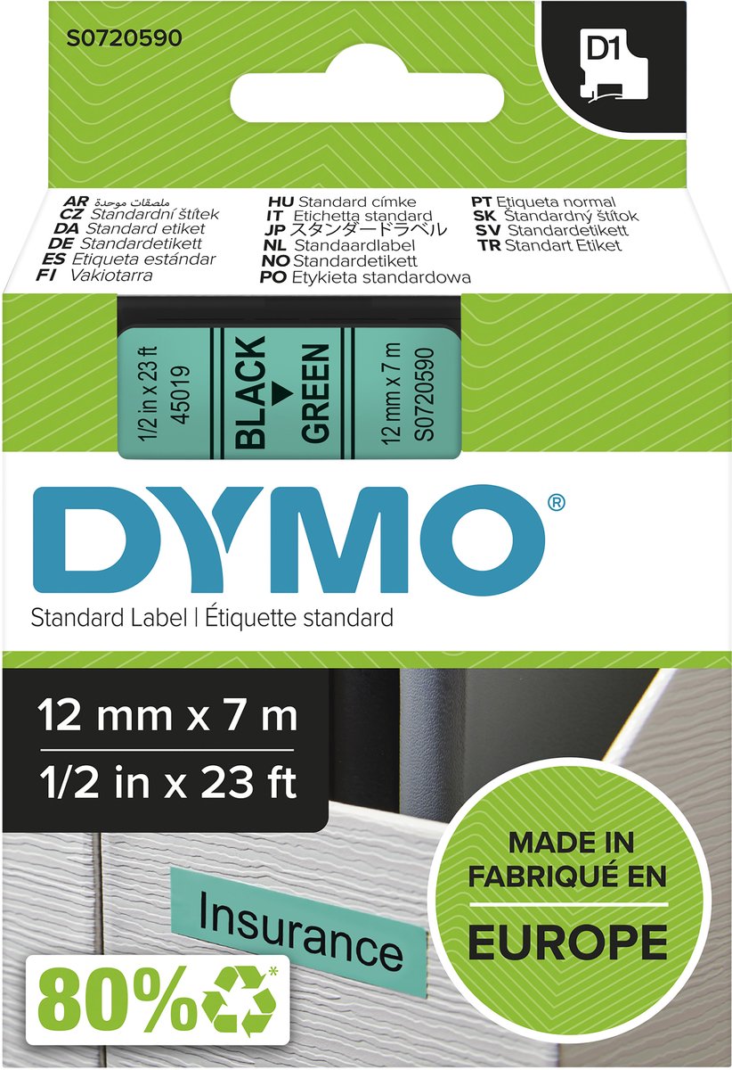 Original Dymo d1-Etiketten | schwarzer Text auf grünem Etikett | 12mm x 7m | selbstklebende Etiketten für den Etikettendrucker Label Manager | Hergestellt in Europa