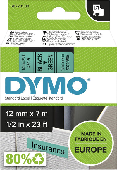 Original Dymo d1-Etiketten | schwarzer Text auf grünem Etikett | 12mm x 7m | selbstklebende Etiketten für den Etikettendrucker Label Manager | Hergestellt in Europa
